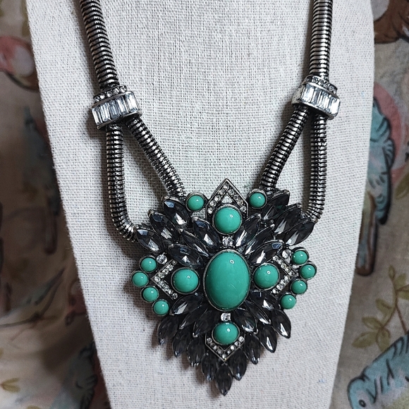 Turquoise Cabochon Statement Necklace Clear Baguette Smoke Navette Stones Pewter - Picture 4 of 15